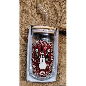 Nightmare Before Christmas Snowman Glass Tumble 16oz Bamboo Lid/Straw Tim Burton